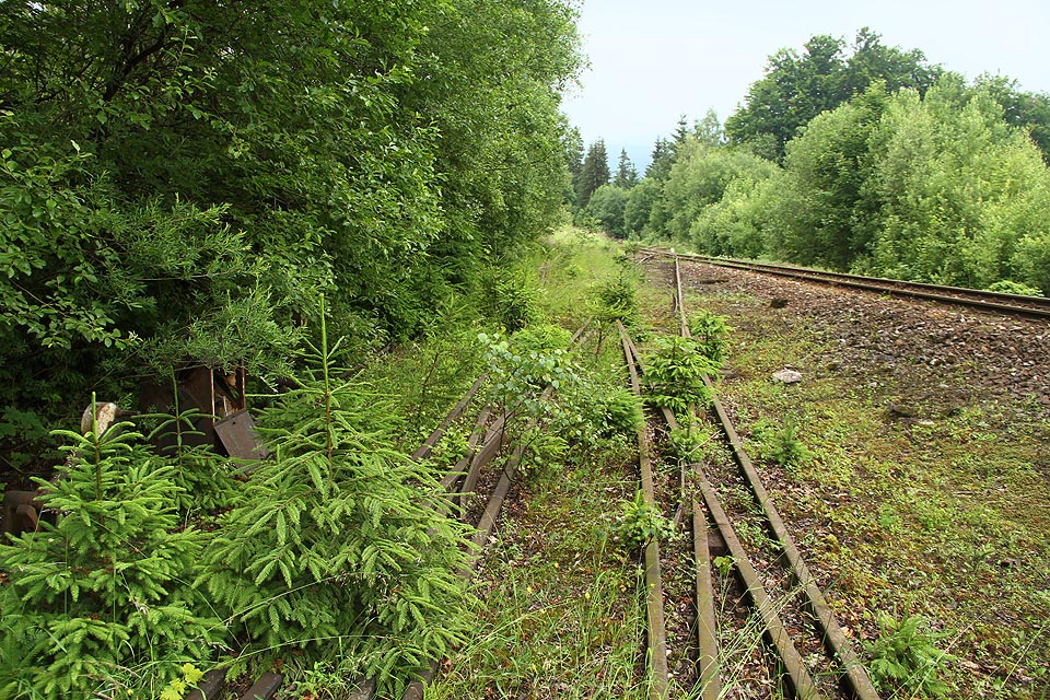 Dobře je patrný rozdílný sklon dráhy, která vytrvale stoupá do ramzovského sedla a vodorovně vedené vlečky, jejíž jeden konec se nachází o více než metr nad a druhý pod niveletou traťové koleje.
