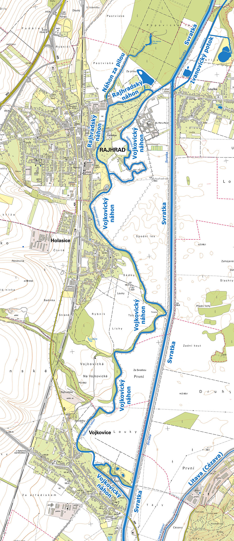 Mapka Vojkovického náhonu společně se Svratkou, Rajhradským náhonem a dalšími toky v okolí.