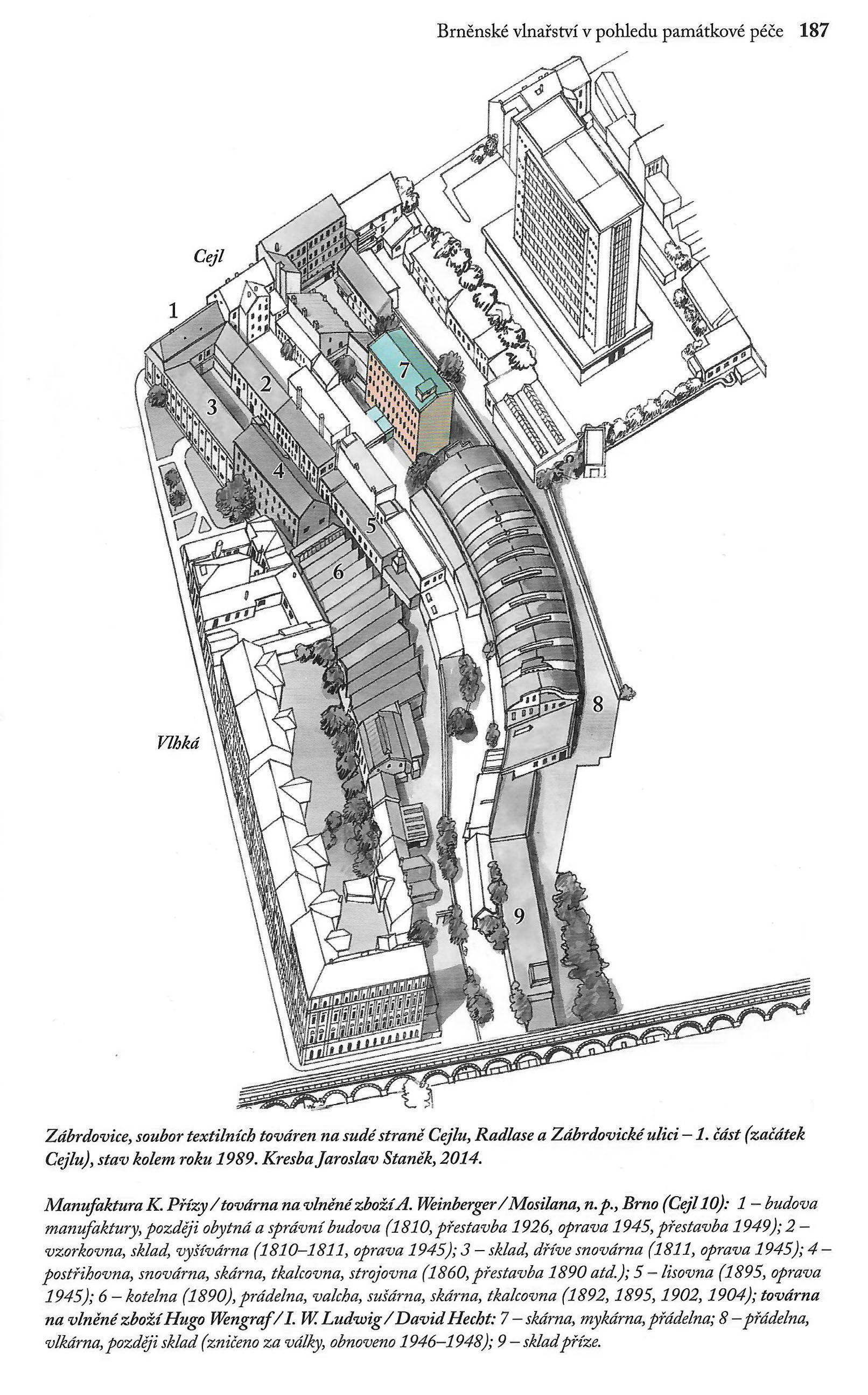 Zčernobílená ukázka z fenomenální publikace Kulturní dědictví brněnského vlnařského průmyslu. Na kresbě Jaroslava Staňka je mykárna a skárna barevně vyznačená v zástavbě prodlouženého zadního traktu mezi Cejlem a drahou do České Třebové. Publikaci lze za příznivou cenu získat na webu NPÚ.