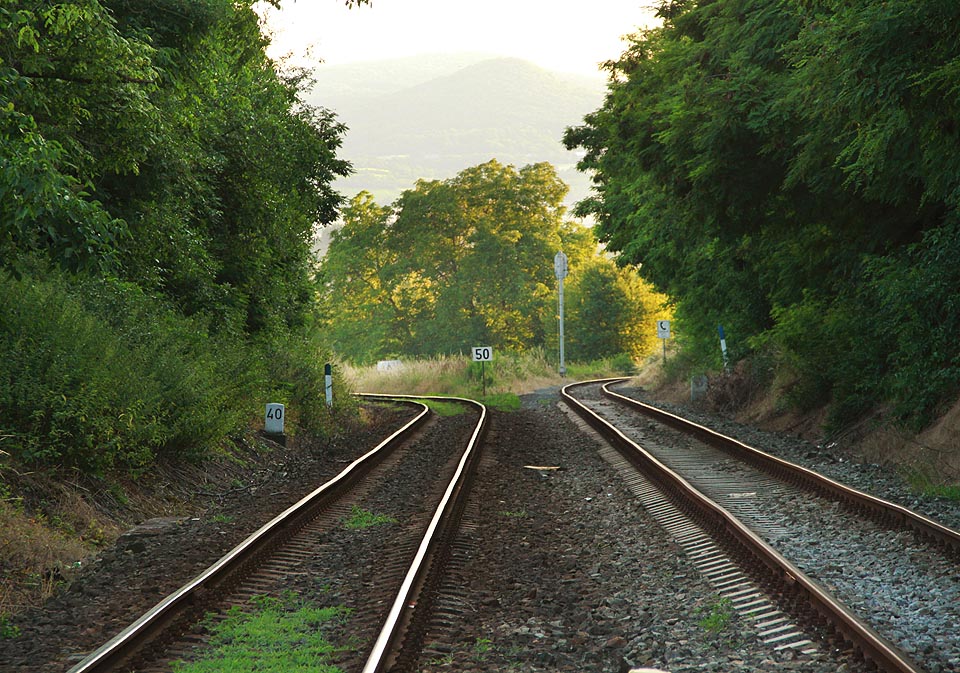 Vzářezu dráhy za stanicí Žalhostice je vidět vlevo trať do Lovosic, vpravo spojka do stanice Velké Žernoseky, která není pro osobní dopravy využívána (a chybí i v mapce jízdního řádu). Koleje se rozplétají a klesají k Labi, jako by chtěly objet z obou stran horu Ovčín (431 m) v pozadí.