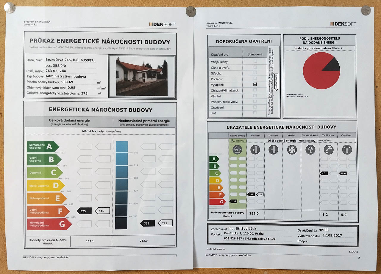 Energetickou náročnost budovy bychom odhadli na třídu F, potažmo G asi i bez průkazu. Kamna nicméně z čekárny zmizela a v budově funguje ústřední topění.